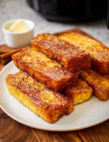 Air Fryer French Toast Sticks served with syrup and berries