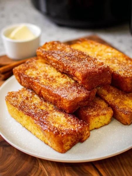 Air Fryer French Toast Sticks served with syrup and berries