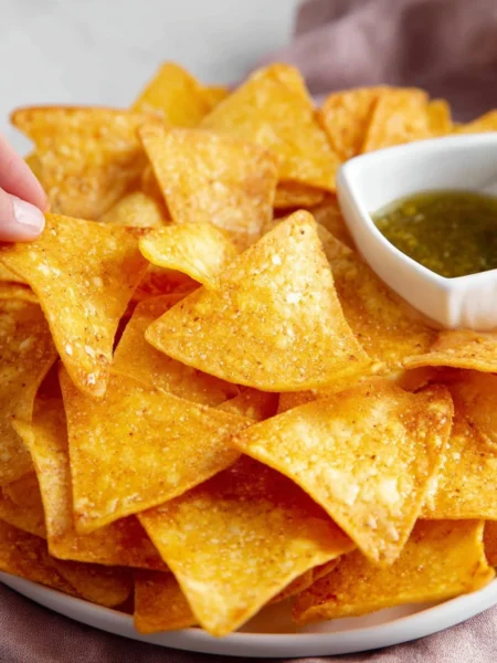 Delicious homemade air fryer tortilla chips ready for dipping