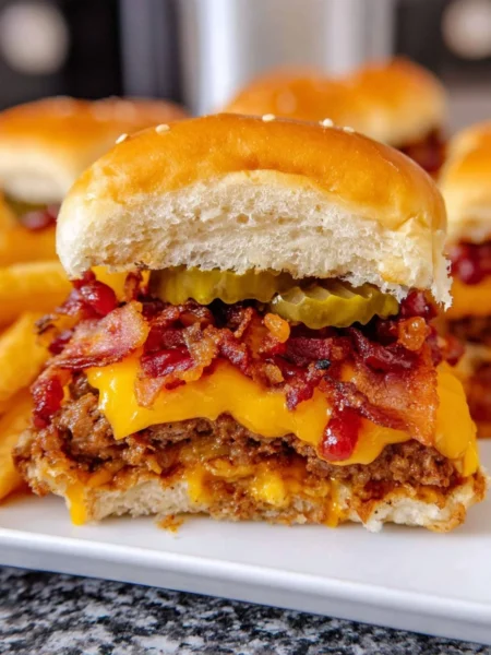 Delicious bacon cheeseburger sliders on a serving platter.