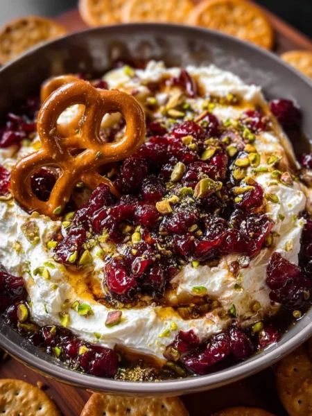Boursin Cranberry Honey Dip served in a bowl with fresh berries and crackers