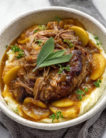 Braised pork shoulder with apple cider served on a plate