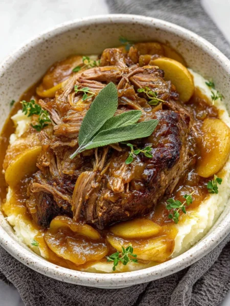 Braised pork shoulder with apple cider served on a plate