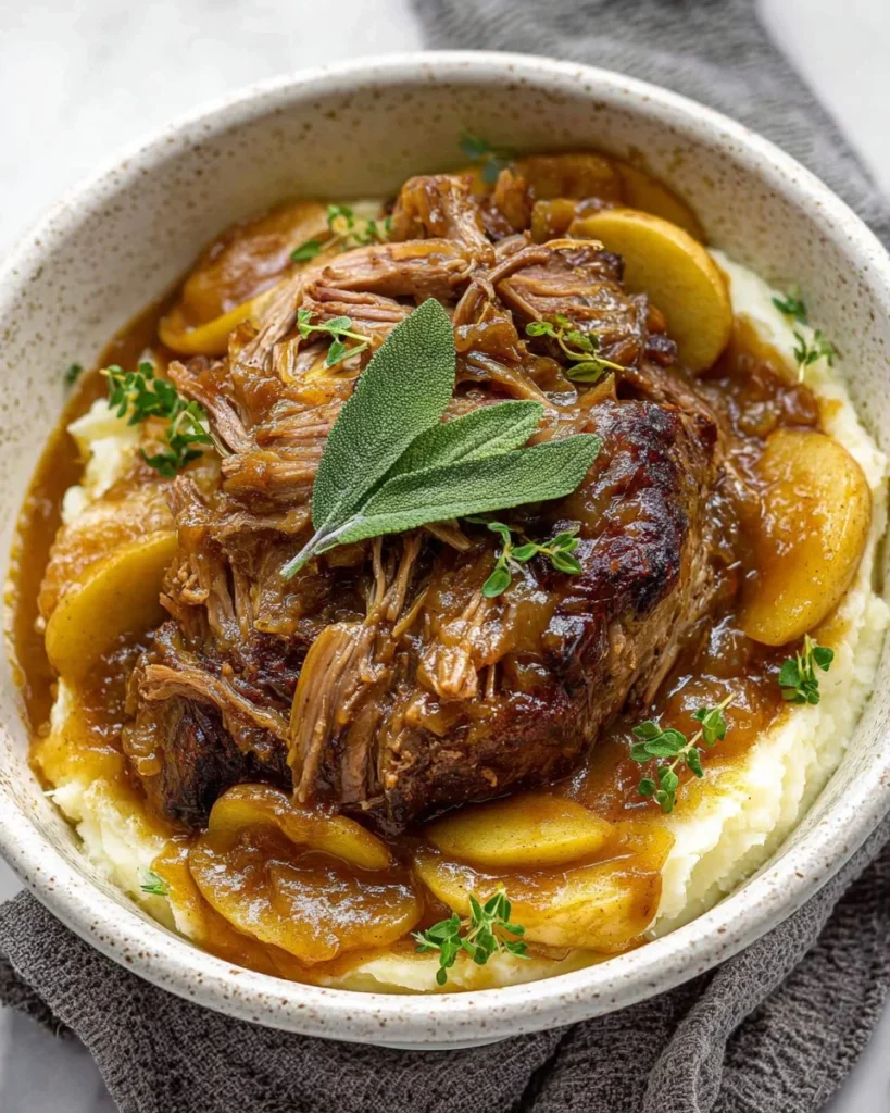 Braised pork shoulder with apple cider served on a plate