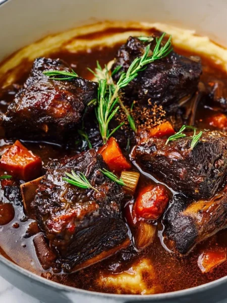 Delicious plate of braised short ribs served with vegetables and sauce