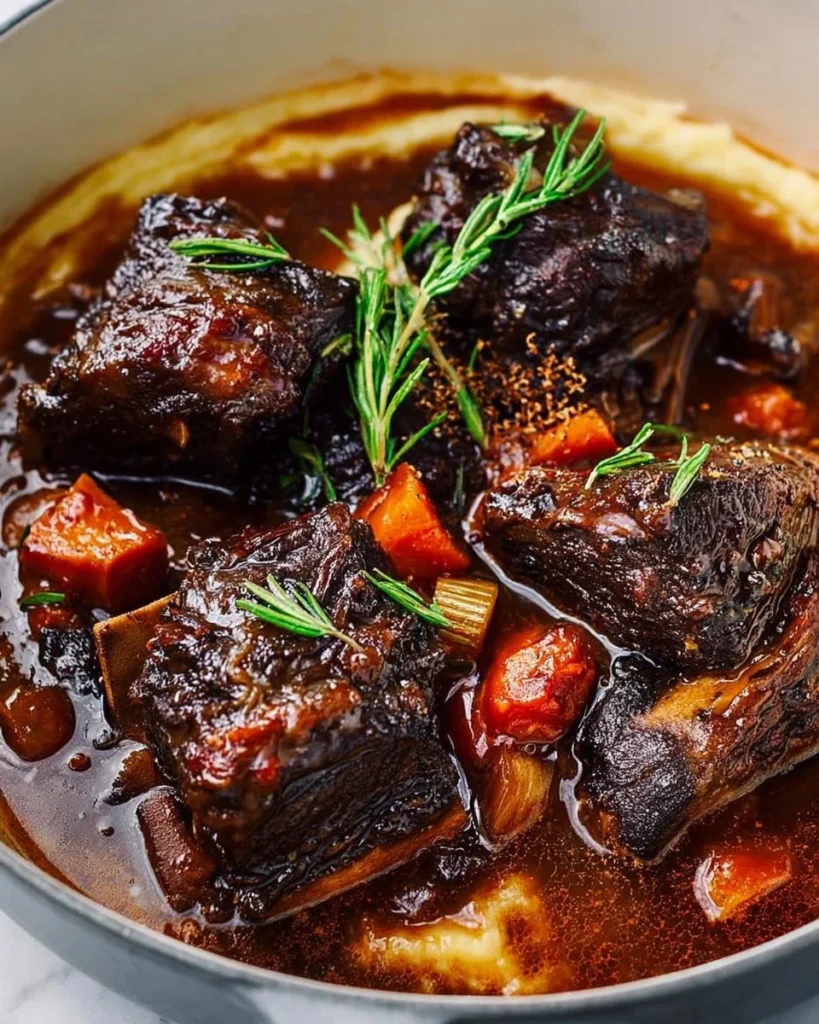 Delicious plate of braised short ribs served with vegetables and sauce