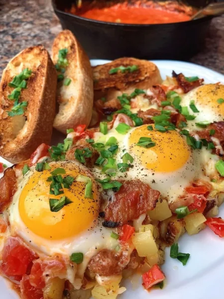 Delicious Breakfast Pizza Hash topped with eggs, cheese, and vegetables