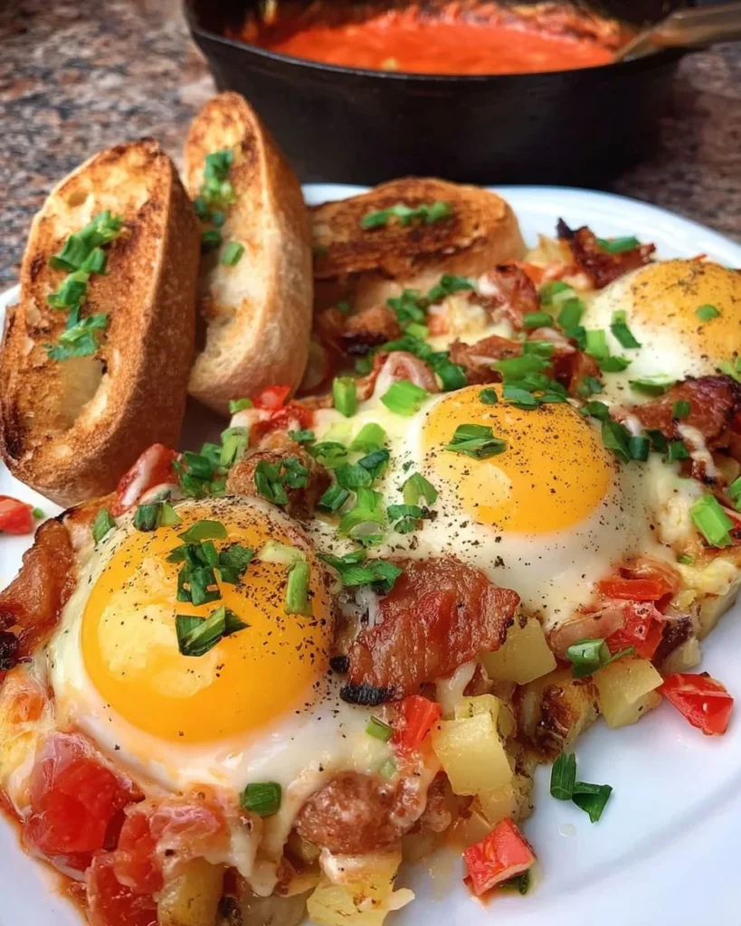 Delicious Breakfast Pizza Hash topped with eggs, cheese, and vegetables