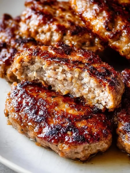 Plate of mouthwatering breakfast sausage links served with eggs and toast