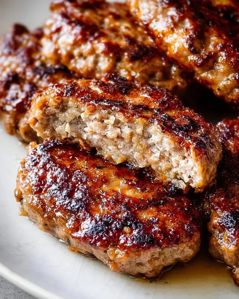 Plate of mouthwatering breakfast sausage links served with eggs and toast