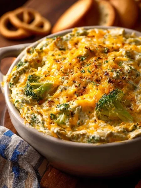 Delicious Broccoli Cheddar Dip served in a bowl with vegetables for dipping