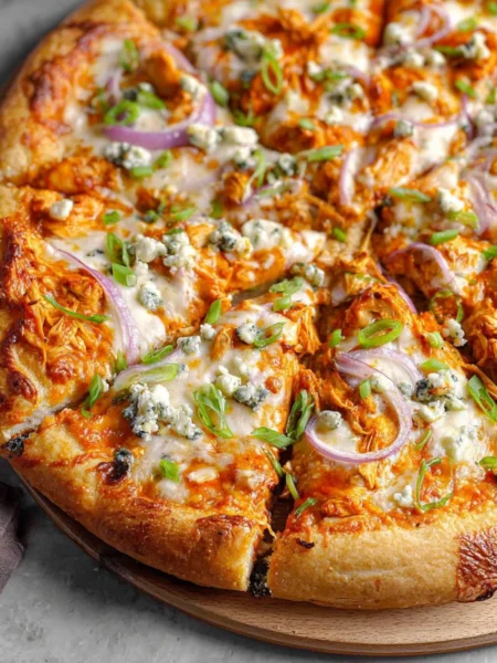 Delicious Buffalo Chicken Pizza topped with spicy sauce and cheese