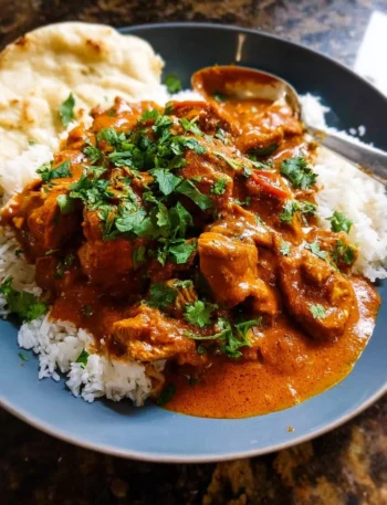 Delicious plate of creamy butter chicken served with naan and rice
