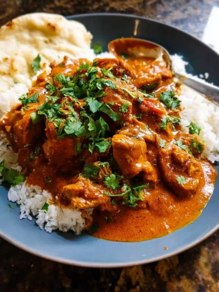 Delicious plate of creamy butter chicken served with naan and rice