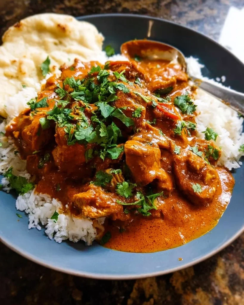 Delicious plate of creamy butter chicken served with naan and rice