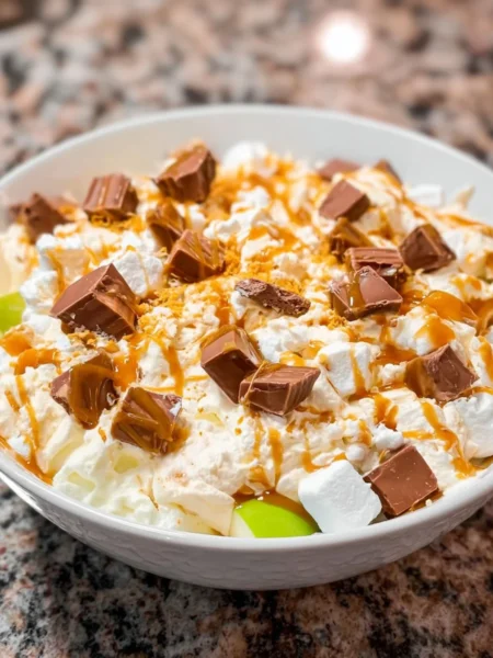 Delicious Caramel Apple Snickers Salad with apples, caramel, and Snickers bars
