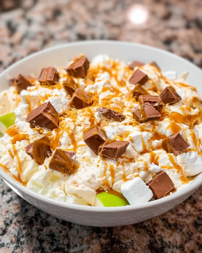 Delicious Caramel Apple Snickers Salad with apples, caramel, and Snickers bars