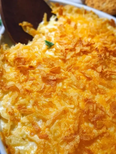 Cheesy Hash Brown Casserole baked dish served in a casserole dish
