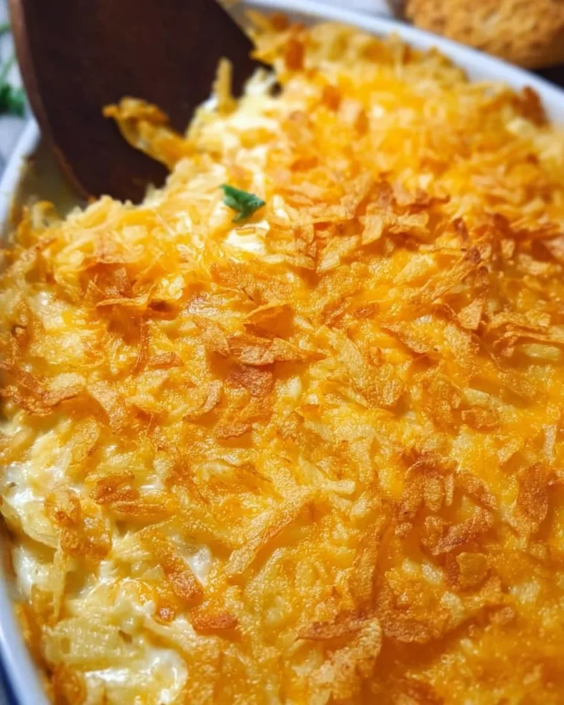 Cheesy Hash Brown Casserole baked dish served in a casserole dish