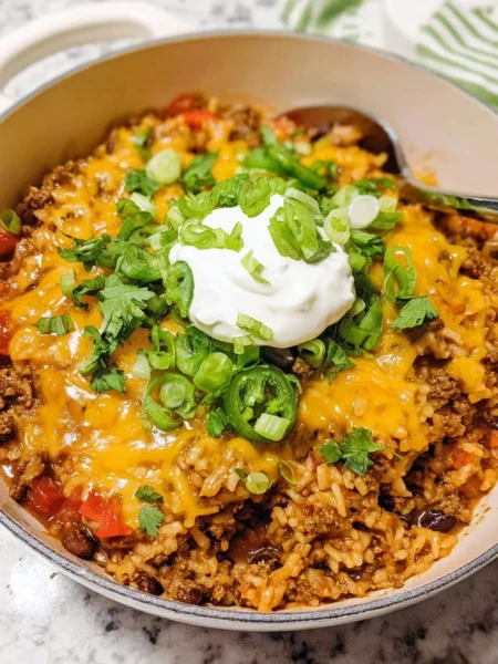 Cheesy Taco Rice topped with melted cheese and fresh ingredients