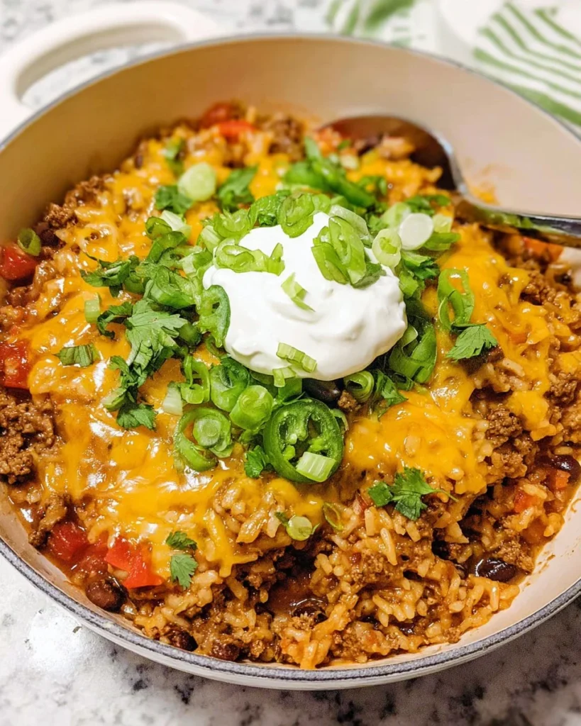 Cheesy Taco Rice topped with melted cheese and fresh ingredients