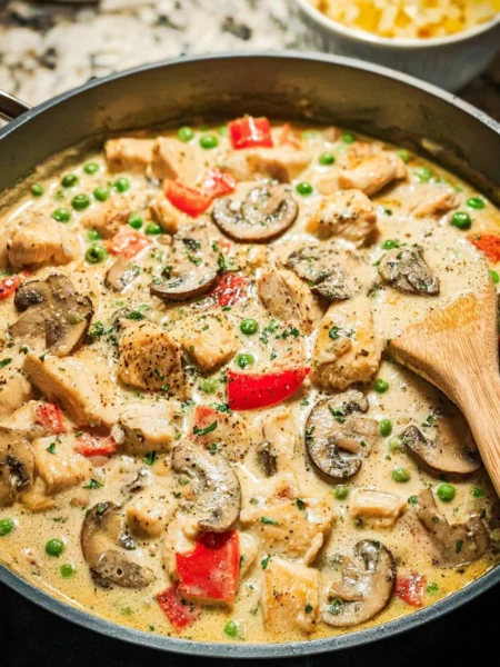 Creamy Chicken a la King served over rice with vegetables