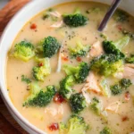 Bowl of delicious Chicken Broccoli Soup garnished with fresh herbs