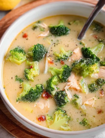 Bowl of delicious Chicken Broccoli Soup garnished with fresh herbs
