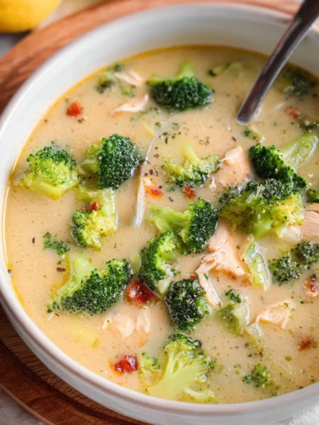 Bowl of delicious Chicken Broccoli Soup garnished with fresh herbs