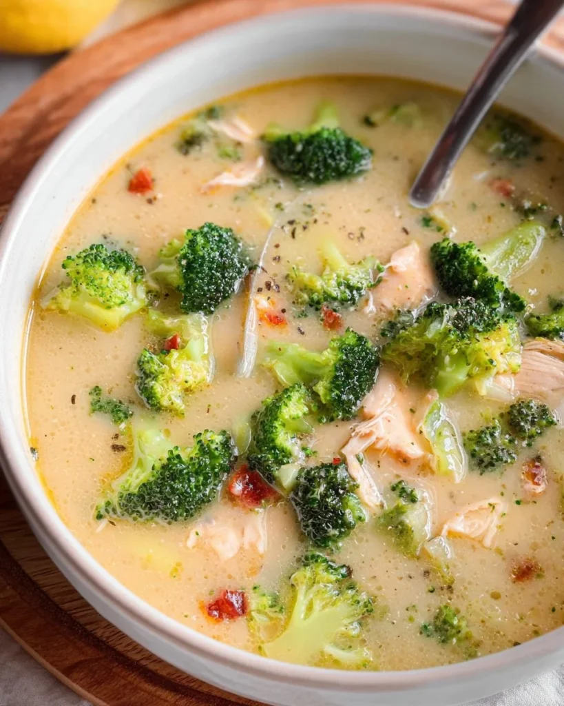 Bowl of delicious Chicken Broccoli Soup garnished with fresh herbs