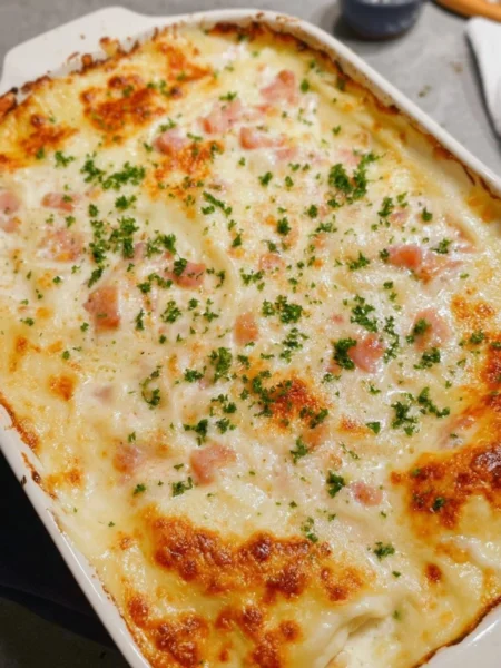 Chicken Cordon Bleu Lasagna with layers of ham, chicken, and cheese