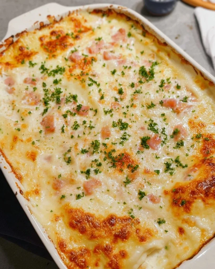 Chicken Cordon Bleu Lasagna with layers of ham, chicken, and cheese