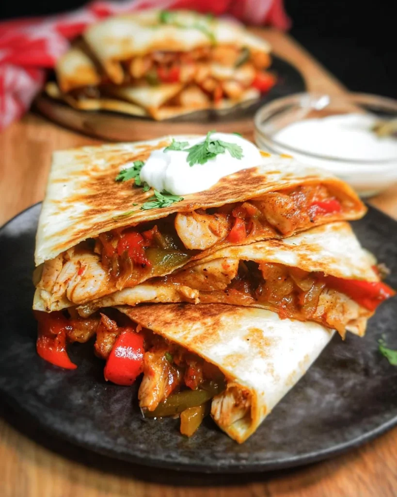 Tasty chicken fajita quesadillas with colorful peppers and melted cheese