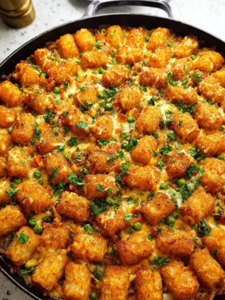 Delicious Chicken Tater Tot Casserole topped with crispy tater tots, ready to serve.