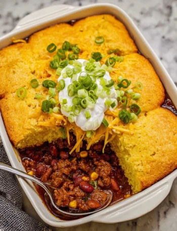 Chili Cornbread Casserole served in a rustic bowl with toppings