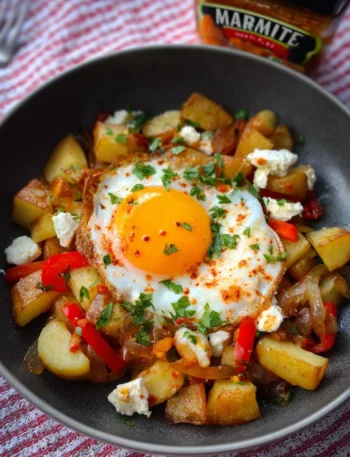 Chilli Feta Breakfast Hash served in a bowl with ingredients displayed.