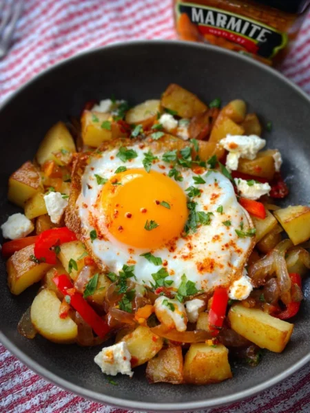 Chilli Feta Breakfast Hash served in a bowl with ingredients displayed.