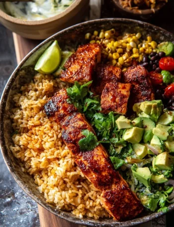 Chipotle Honey Salmon Rice Salad with fresh vegetables and drizzled honey dressing.