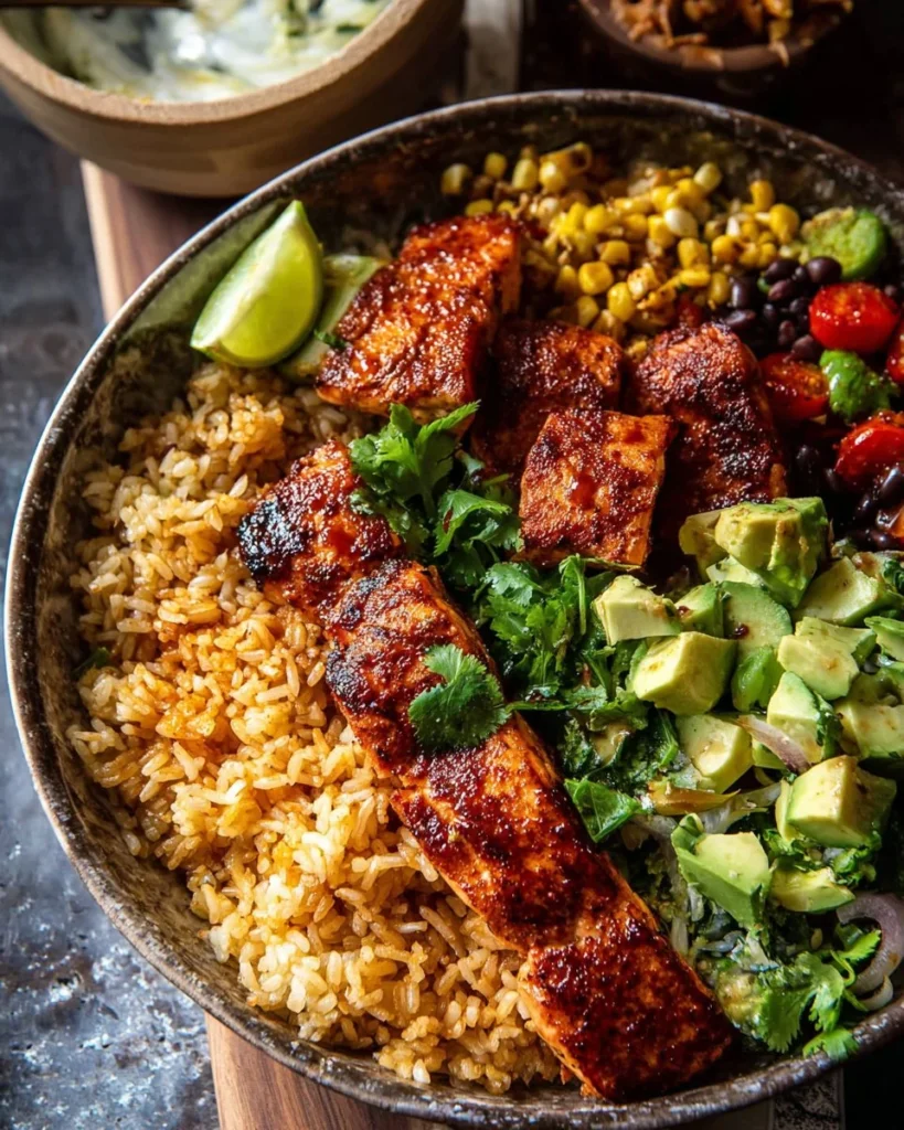 Chipotle Honey Salmon Rice Salad with fresh vegetables and drizzled honey dressing.