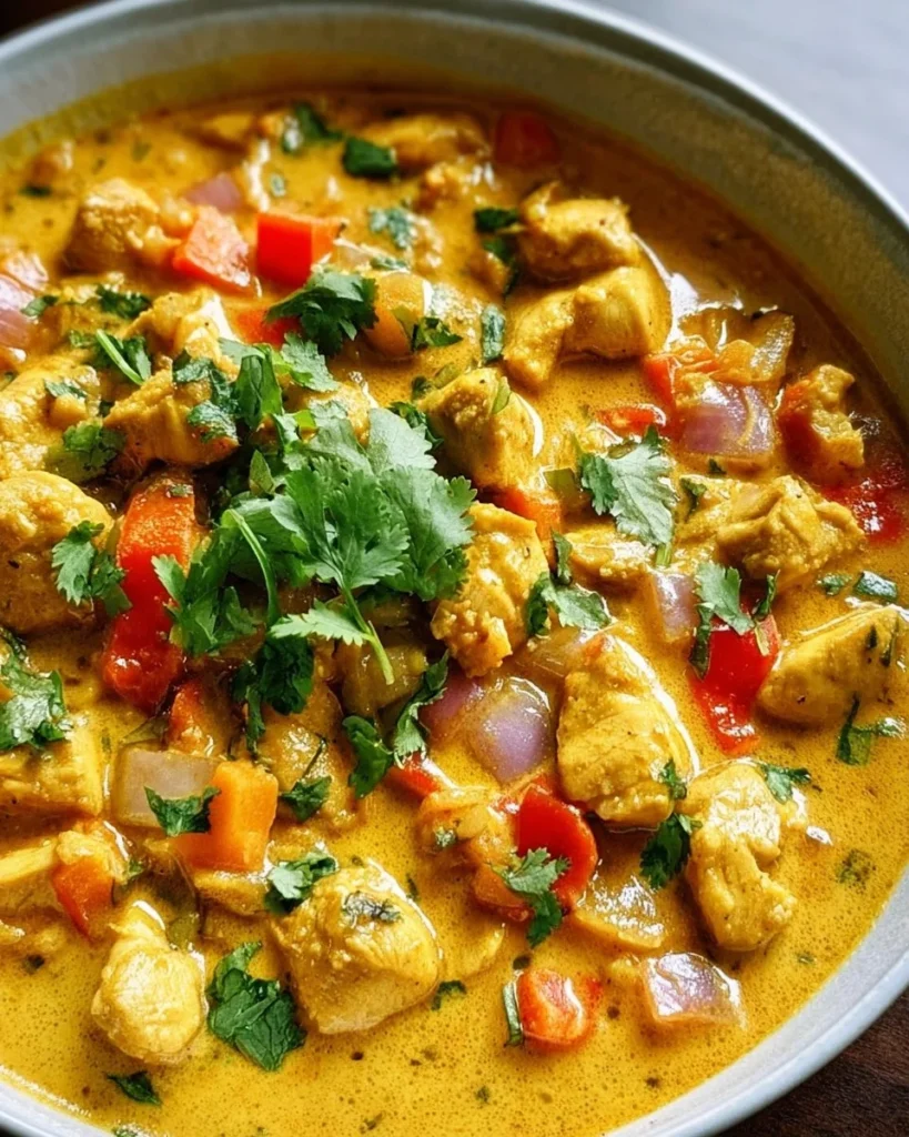 Delicious Coconut Curry Chicken served with rice and fresh herbs