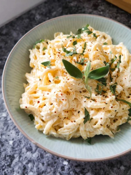 Creamy Cottage Cheese Alfredo sauce over pasta dish