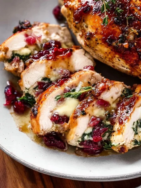 Delicious cranberry brie stuffed chicken breast on a plate with herbs