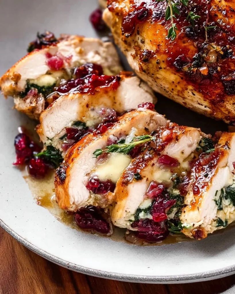 Delicious cranberry brie stuffed chicken breast on a plate with herbs
