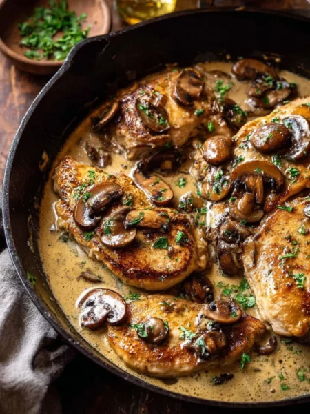 Creamy Balsamic Mushroom Chicken Marsala served with pasta and vegetables
