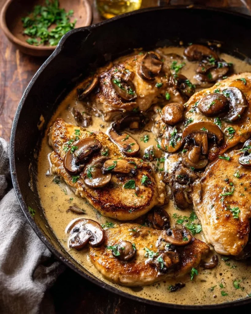 Creamy Balsamic Mushroom Chicken Marsala served with pasta and vegetables