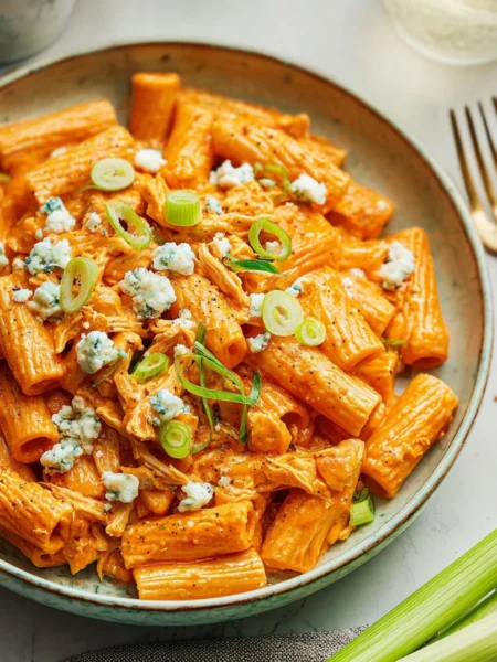 Bowl of creamy Buffalo Chicken Pasta with garnishes