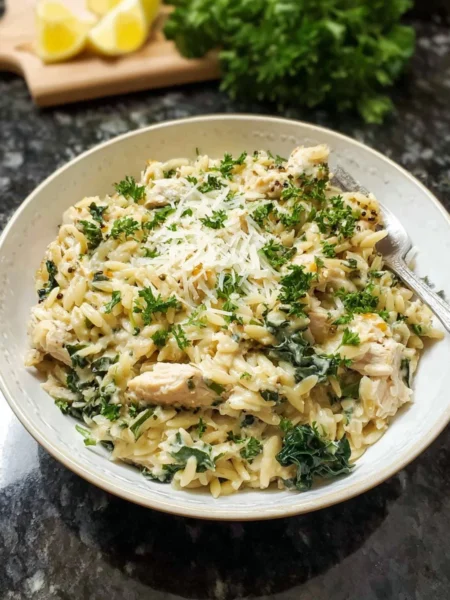 Creamy chicken orzo dish with kale, served in a bowl.
