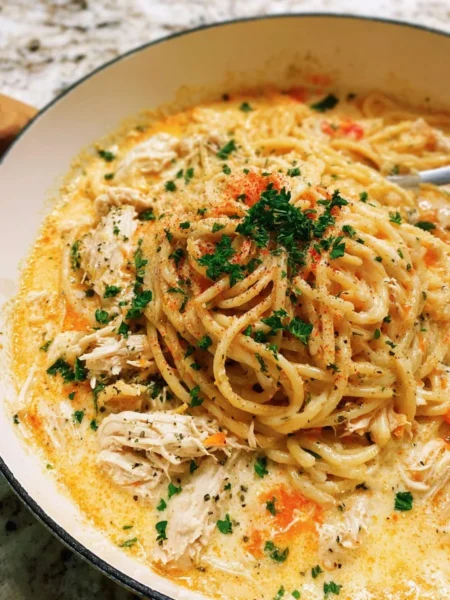 Creamy chicken spaghetti bake topped with cheese and herbs.