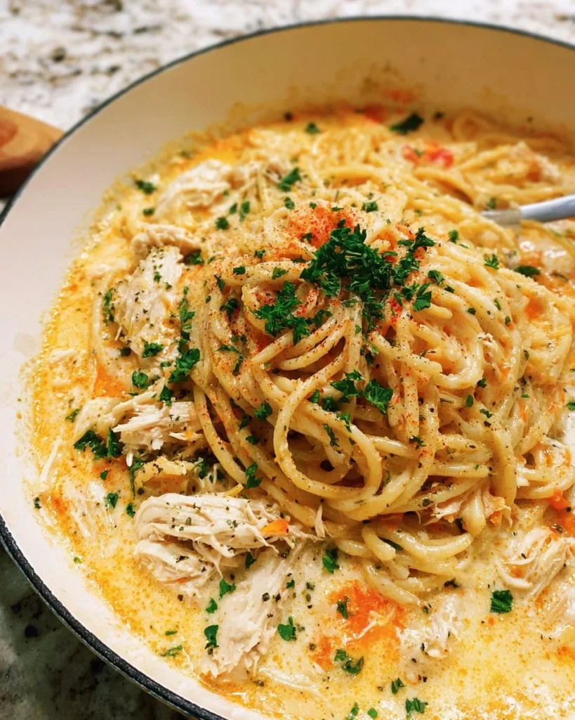 Creamy chicken spaghetti bake topped with cheese and herbs.