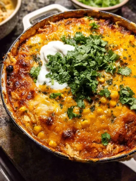 Delicious creamy chicken tamale pie served in a rustic dish